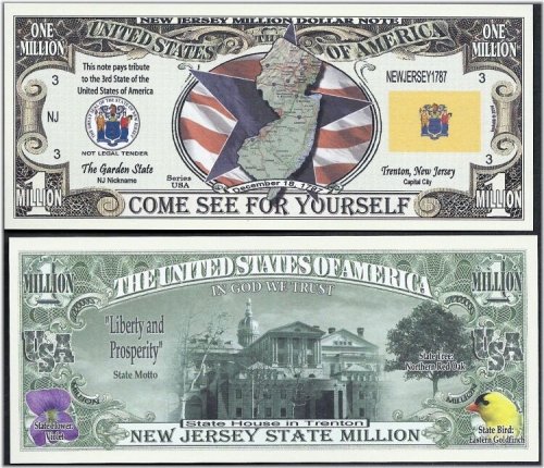 New Jersey State Million Dollar Bills with Map, Seal, Flag, and Capitol Design (Lot of 500)