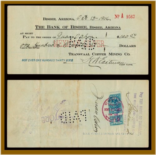 Bisbee Arizona Bank Check, 1906