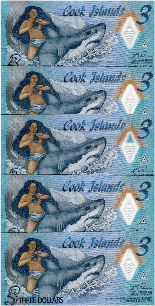 Cook Islands $3 2021 Naked Ina & Shark Polymer Banknotes - Lot of 5, AA-Prefix UNC