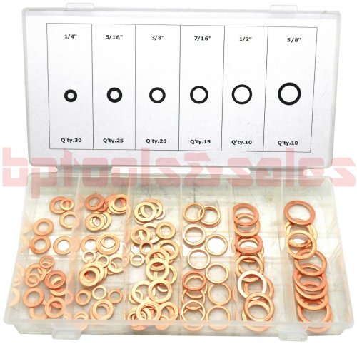 Copper Flat Ring Assortment Set for Oil, Brake, Clutch Line Sealing (SAE) - 110 Pieces