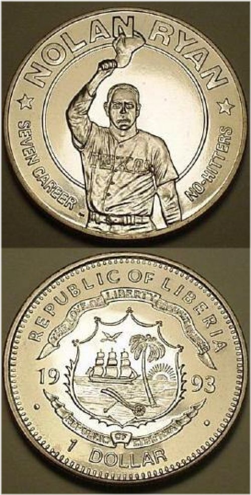 Nolan Ryan 1993 Liberia $1 Uncirculated Coin - 7th No-Hitter