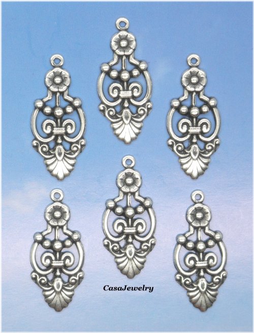 Filigree Hang Rings - Set of 6 Antiqued Sterling Silver Plated Findings