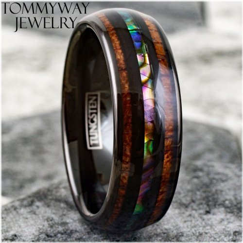 Tungsten Wood Stripe Ring with Abalone Inlay