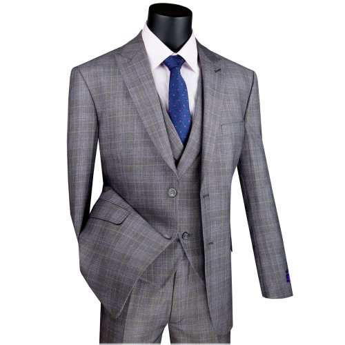 Gray Glen Plaid 3 Piece 2 Button Modern Fit Suit with Peak Lapel by VINCI
