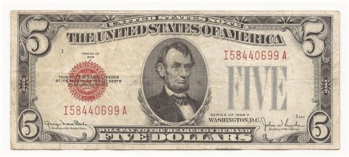 Red Seal United States Note - 1928-F $5 Dollar Bill (VG Or Better)