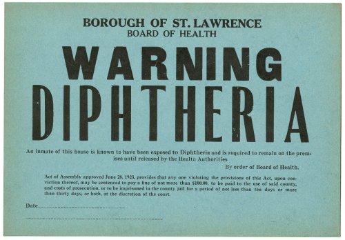 Diphtheria Warning Sign - 1923 Board of Health Infectious Disease Window Card