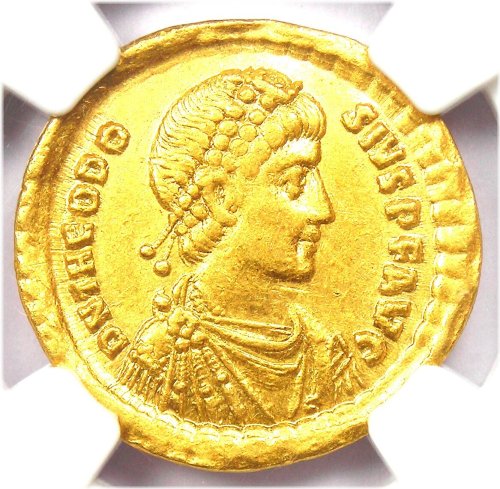 Theodosius I Gold Solidus - 379 AD - NGC AU - 5/5 Strike