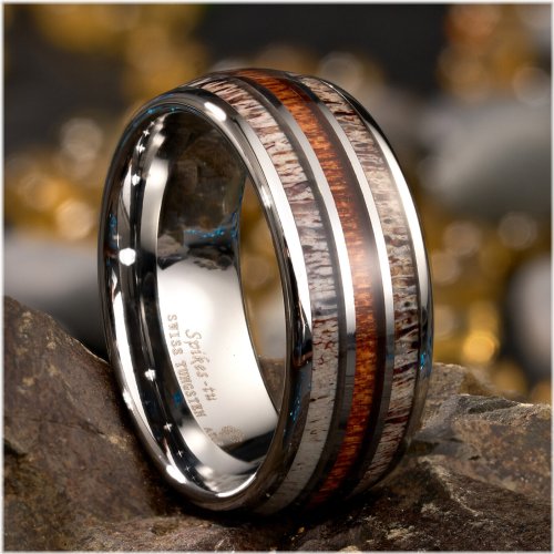 Silver Tungsten Deer Antler Koa Wood Ring