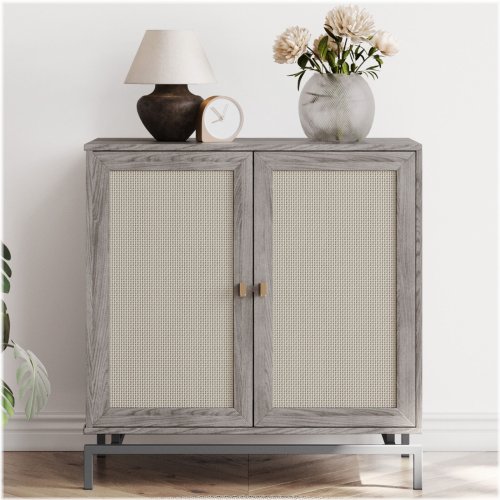 Rattan-Adorned Gray Cabinet