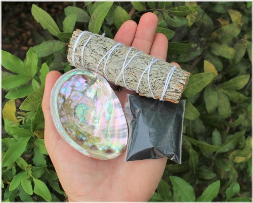 Harmony Bundle: Blue Sage, Mini Abalone Shell, Black Salt & Smudgions