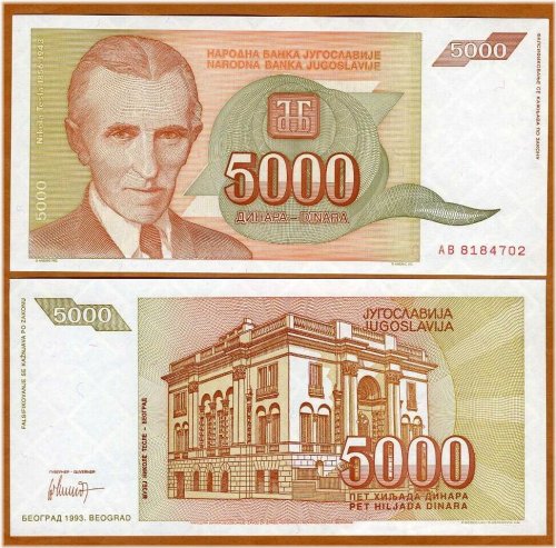 Tesla's 5,000 Dinara Yugoslavian Banknote (1993)