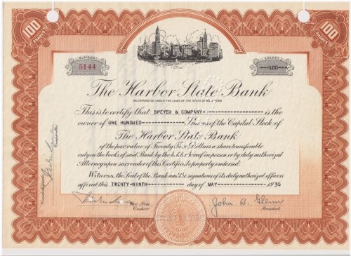 Harbor State Bank Stock Certificate