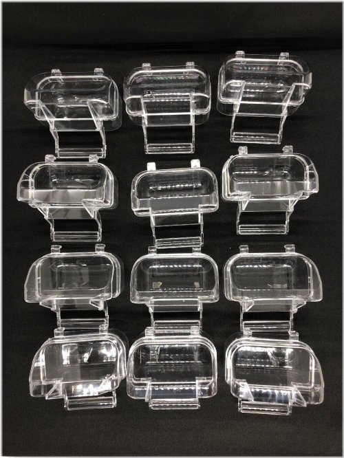 Aviary Assortment: 12 Clear Acrylic Feeders with Perches and Hopper Covers