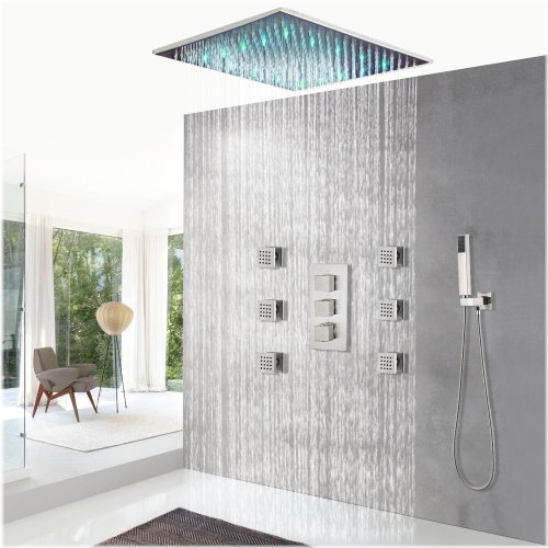 Rainfall Shower System with LED Lights, Thermostatic Mixer Valve, and Massage Jets