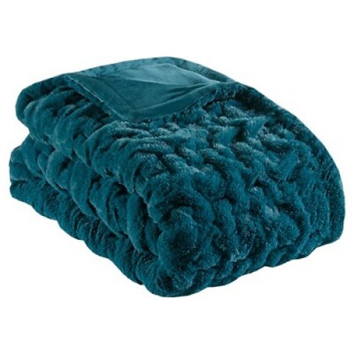Teal Ruched Faux Fur Throw