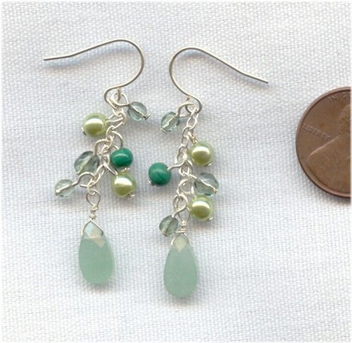 Jade Cluster Drop Earrings with Silver Hooks