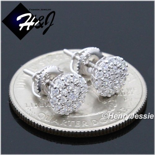 Sterling Silver Round Stud Earrings with CZ Accent and Screw Backs