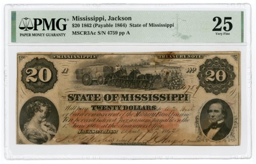 Mississippi Civil War Era $20 Note - PMG VF 25