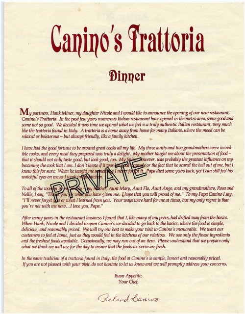 Rustic Italian Dining Experience Menu