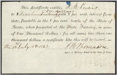 Texas Bond Certificate from 1862