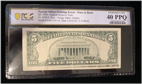 Offset Five Dollar Bill Error 1985 Atlanta