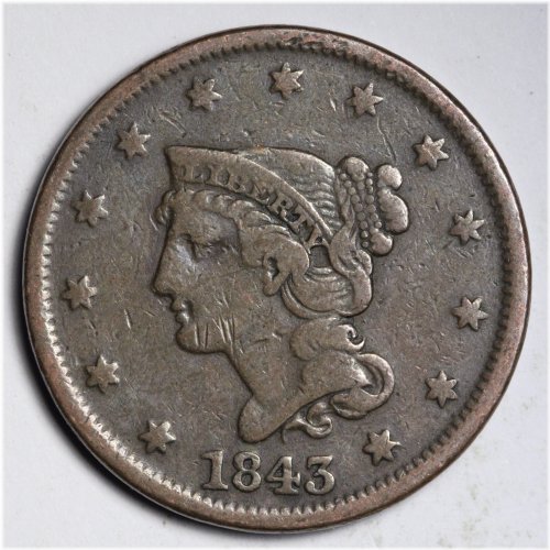 Braided Hair Large Cent - 1843 Choice Fine Grade