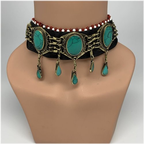 Turquoise Inlay Tribal Choker Necklace - 24" Length (B13)