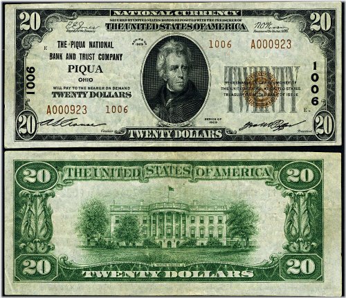 Piqua OH-Ohio $20 1929 T-2 National Bank Note - Ch #1006 Piqua NB and TC VF