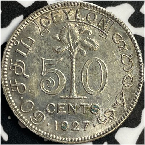 Ceylon 50 Cents - 1927 Silver High Grade