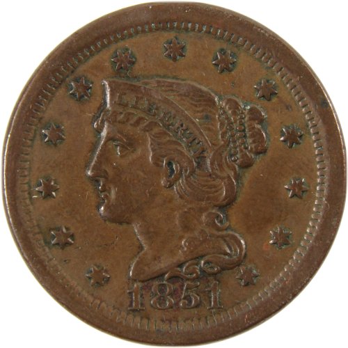 Copper Braided Hair Large Cent from 1851 in Extremely Fine Condition