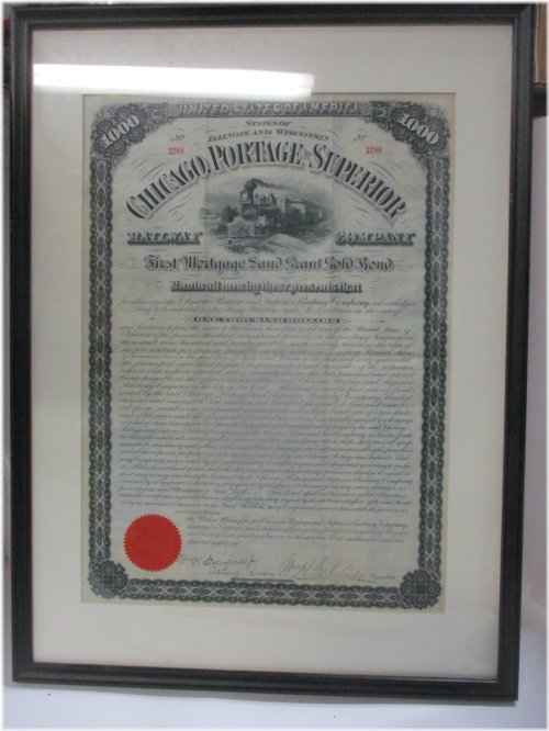 Chicago Portage & Superior Railway Company 1881 $1000 Bond Certificate" framed