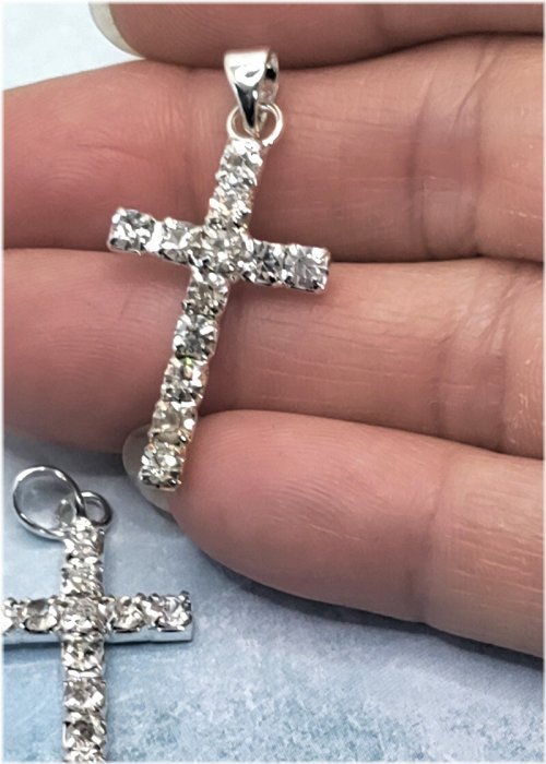 Rhinestone Cross Charms Pendants Silver Tone with Bail - Set of 8