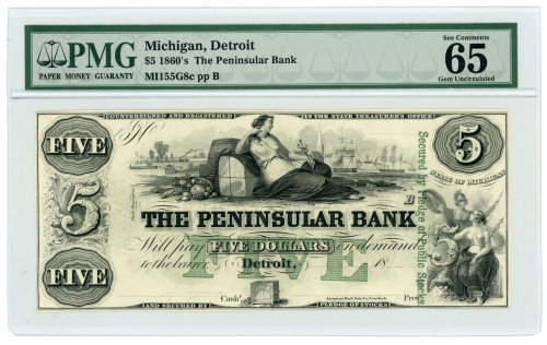 Peninsular Bank $5 Detroit Gem 65 EPQ