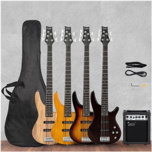 Glarry GIB 5 String Bass Guitar Beginner Kit with 20W Amp and Rosewood - 3 Colors