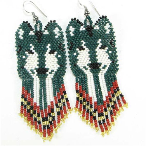 Green Wolf Beaded Earrings