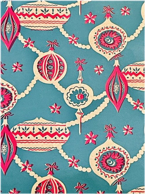 Fuchsia Ornaments on Blue Vintage Christmas Wrapping Paper