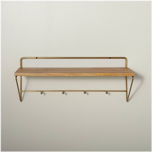 Brass-Accented Wall Shelf with Hooks