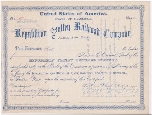 Republican Valley Railroad Company Stock Certificate Nebraska