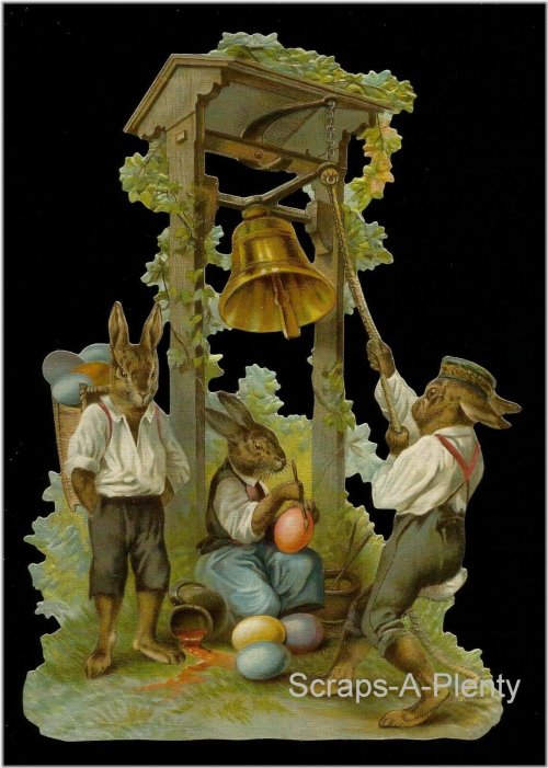 Vintage German Easter Bunny Die Cut with Bell and Egg Design