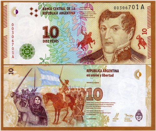 Argentinian A-Series 10 Pesos, New Design UNC