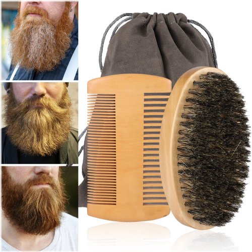 Boar Bristle Grooming Comb - Wood Handle for Beard, Mustache, and Face