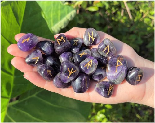 Amethyst Elder Futhark Rune Set with Velvet Pouch