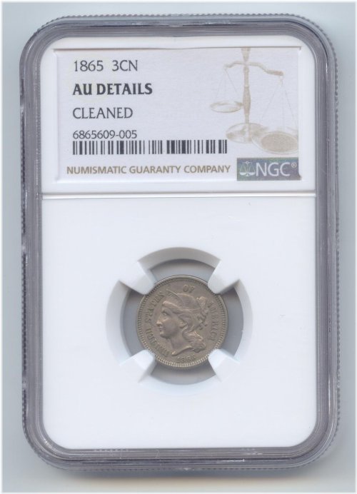 1865 NGC AU Details Three Cent Nickel