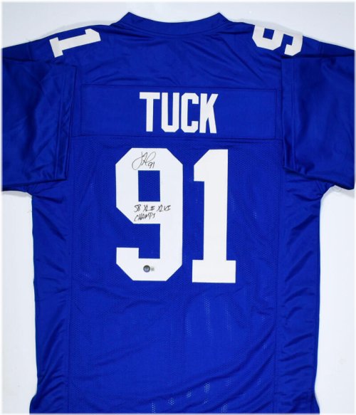 Justin Tuck Signed Blue Pro Style Jersey with Super Bowl Champs Inscription - Beckett W Hologram