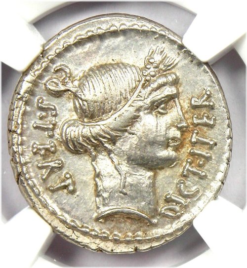 Julius Caesar Silver Denarius Coin - 46 BC - NGC Choice XF - 5/5 Strike