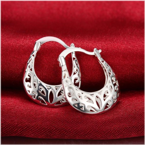 Floral U-Shaped Sterling Silver Hoop Earrings