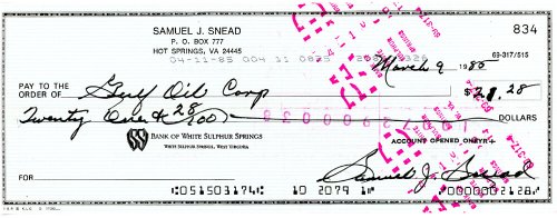 Sam Snead Signature Series Check #834