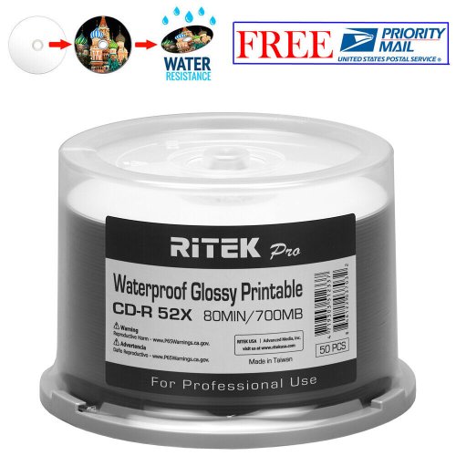 Ritek Pro Glossy White CD-R with Water Resistant Inkjet Printable Surface (50-Pack)