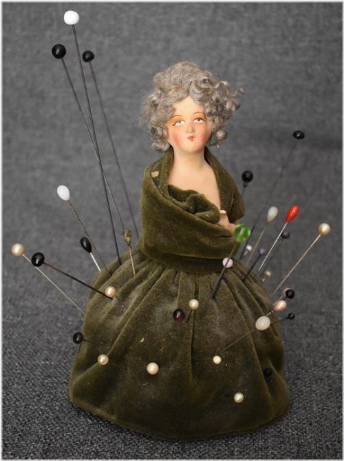 Antique Half Doll Pin Cushion with Original Hair and Painted Face