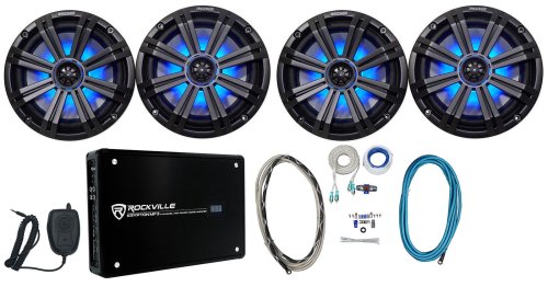 Marine Sound Pro Bundle: 8" Speakers with LED Lights, 4-Channel Amplifier, and Installation Kit